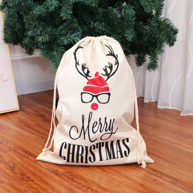 Cream linen drawstring Christmas gift bag with reindeer wearing glasses and "Merry Christmas"