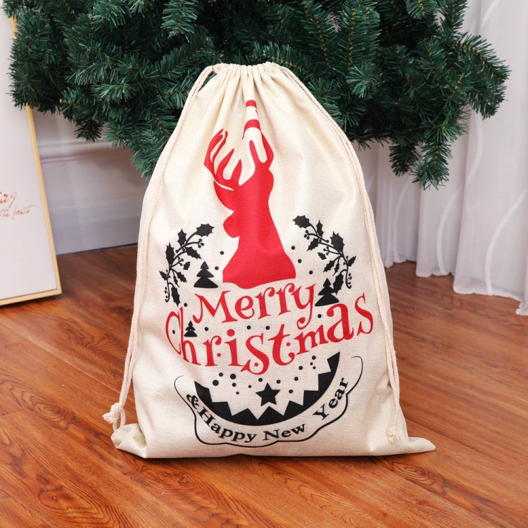 Cream linen drawstring Christmas gift bag with red reindeer graphic and "Merry Christmas" text