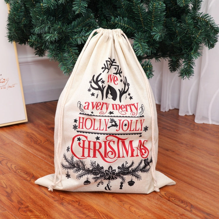 Cream linen drawstring Christmas gift bag with "Holly Jolly" and "CHRISTMAS" holiday print