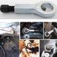 Silver nut splitter tool with black threaded handle and wedge jaw