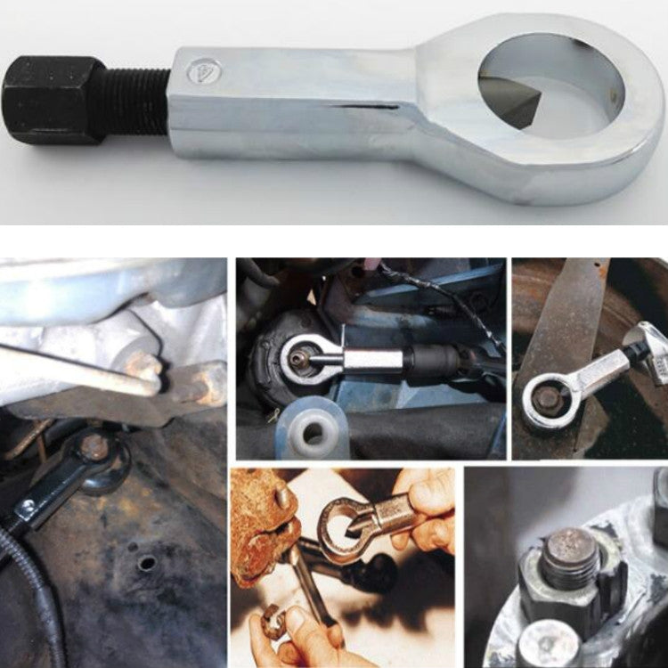 Silver nut splitter tool with black threaded handle and wedge jaw