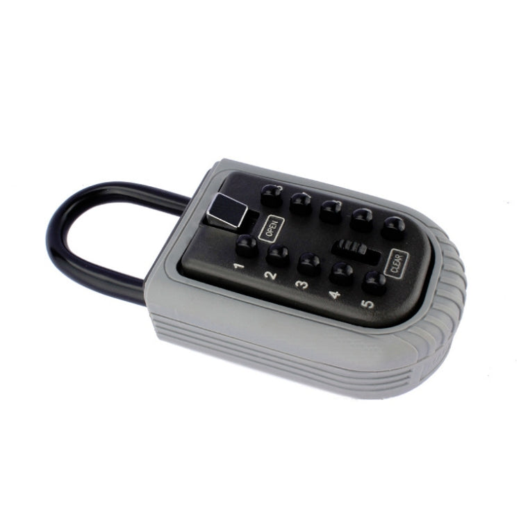 Wall-mounted keypad lock key box with number buttons and shackle cable