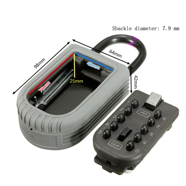 Wall-mounted key lock box with keypad and labeled dimensions for shackle and box