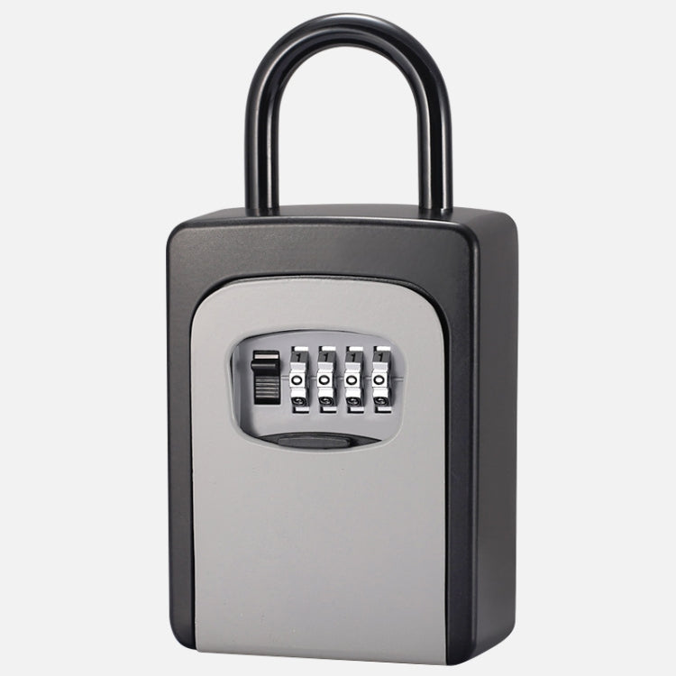 Grey key password lock box front with number keypad and arched shackle