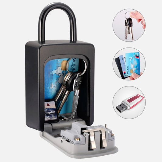 Grey key password lock box open with keys inside and keypad on the door