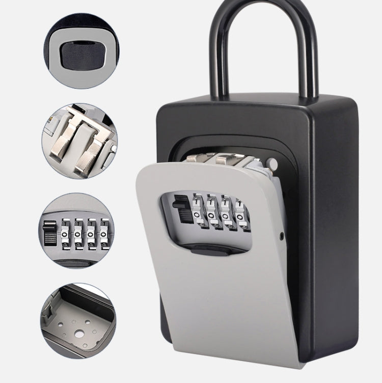 Grey key password lock box with keypad, plus close-up detail panels