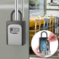 Grey key password lock box with keypad and shackle, with hand placing a key