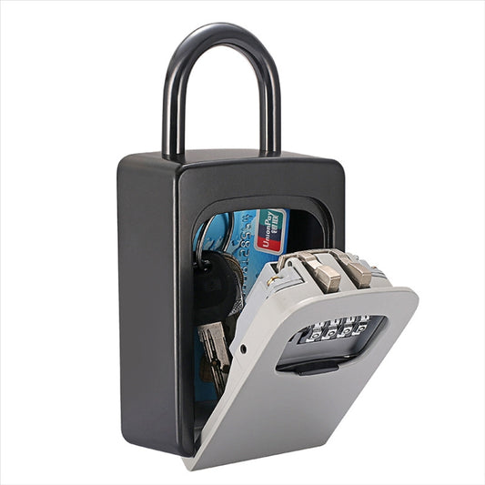 Grey hanging key password lock box with arched shackle and front keypad