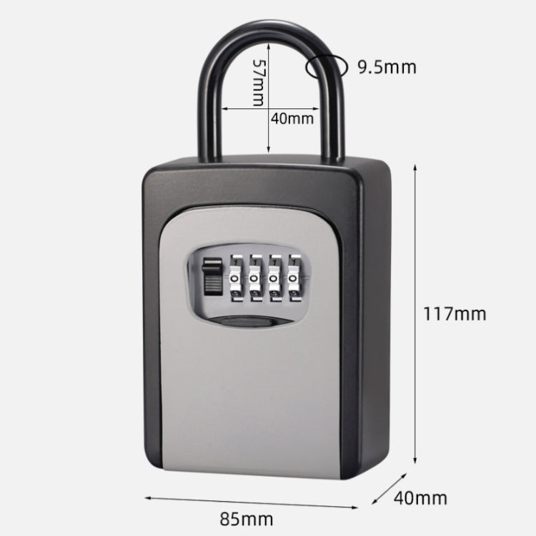 Grey key password lock box with keypad and labeled dimensions