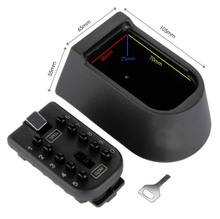 Shield-shaped key lock box with open interior and accessory tool for the keypad cover