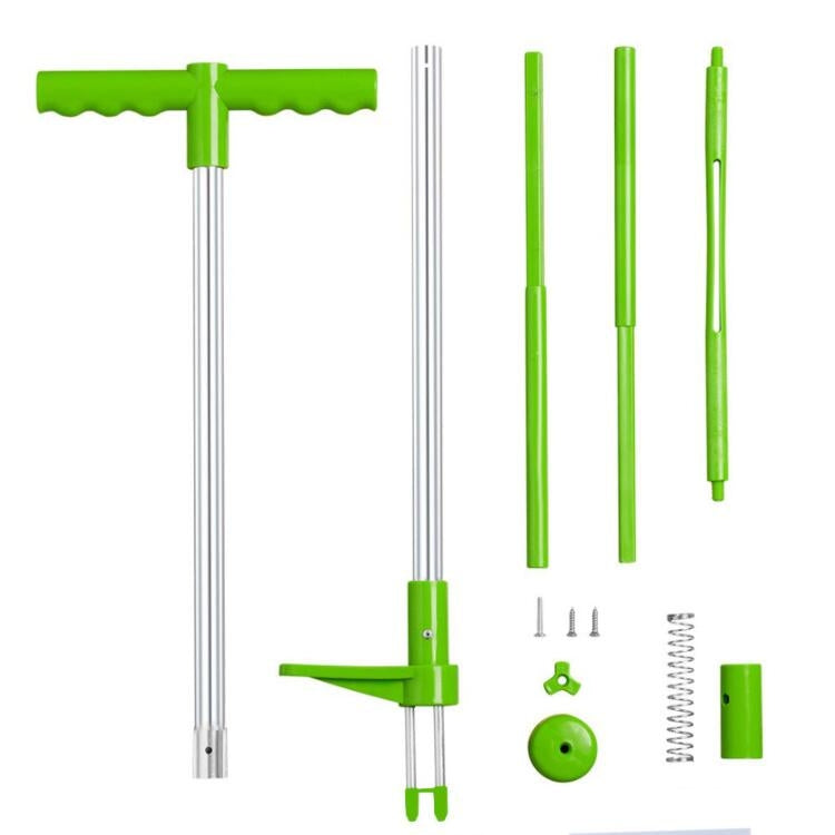 Weed puller tool parts set with green handles, silver poles, prongs, and accessories