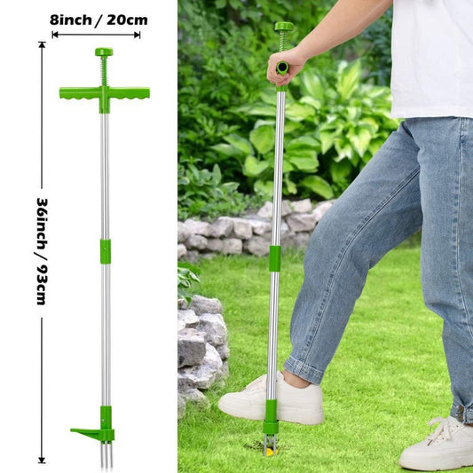 Green weed puller with long shaft, cross handle, and three prongs, 8 in length