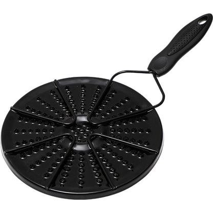 Black heat conduction stovetop plate with perforated disc and loop handle for pots