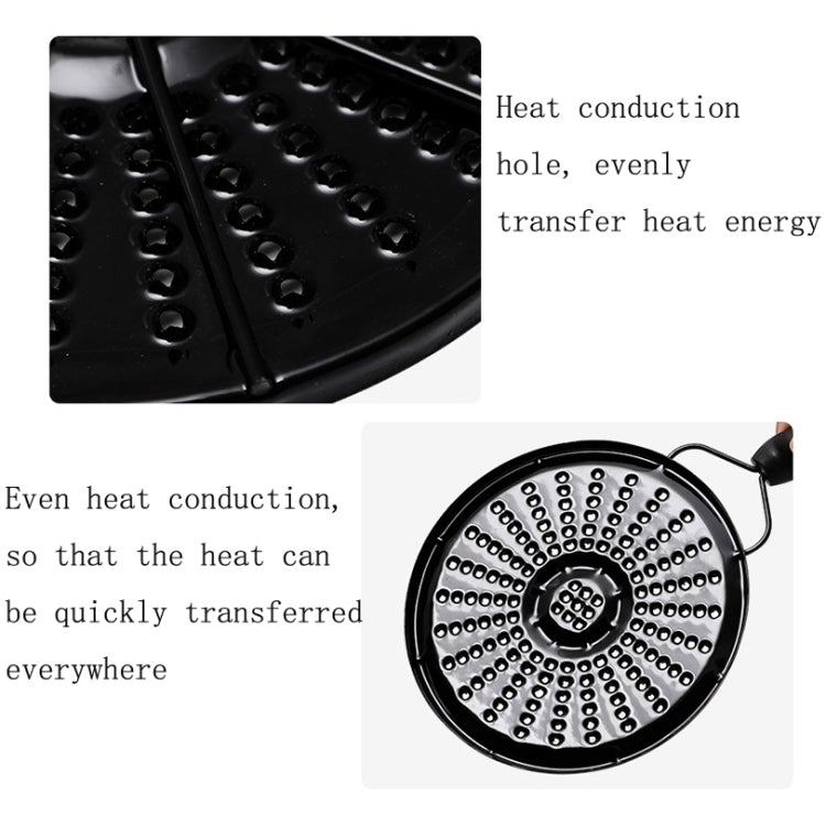 Close-up of perforated heat-conduction plate with raised channels on stovetop disc