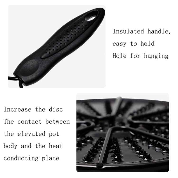 Black disc plate with vented handle and hanging loop; raised contact surface for heating