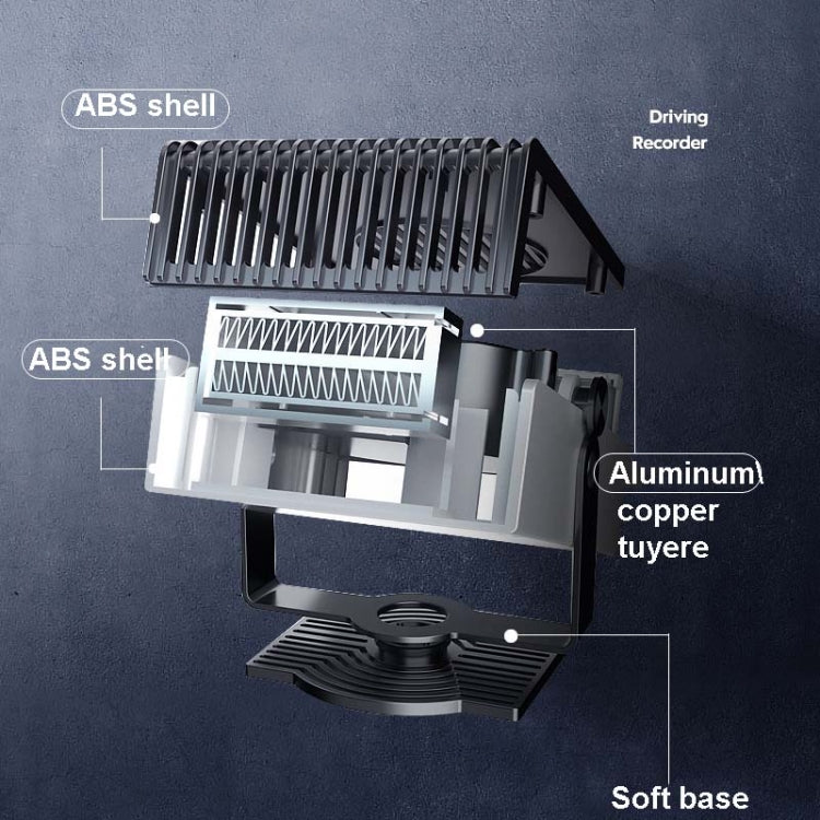 Portable car heater cutaway showing vent fins, copper core, and soft base