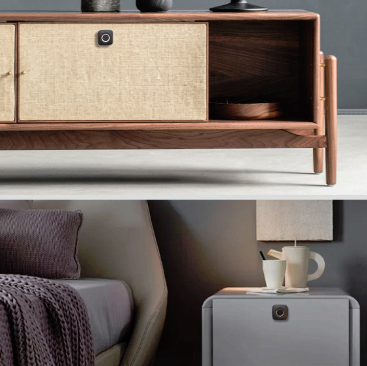 Fingerprint drawer lock on wood cabinet front with small top sensor