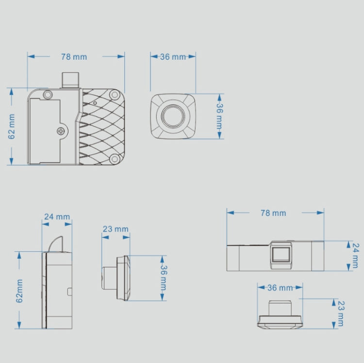 Fingerprint drawer lock dimensions diagram with front, side, and top views