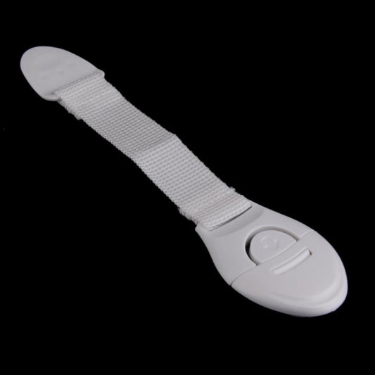 White invisible cabinet lock strap with oval base and button-style release, angled