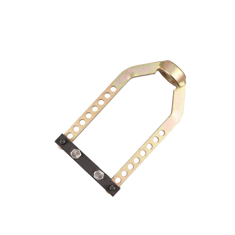 Axle puller remover tool with curved metal frame, perforated arms, and black clamps