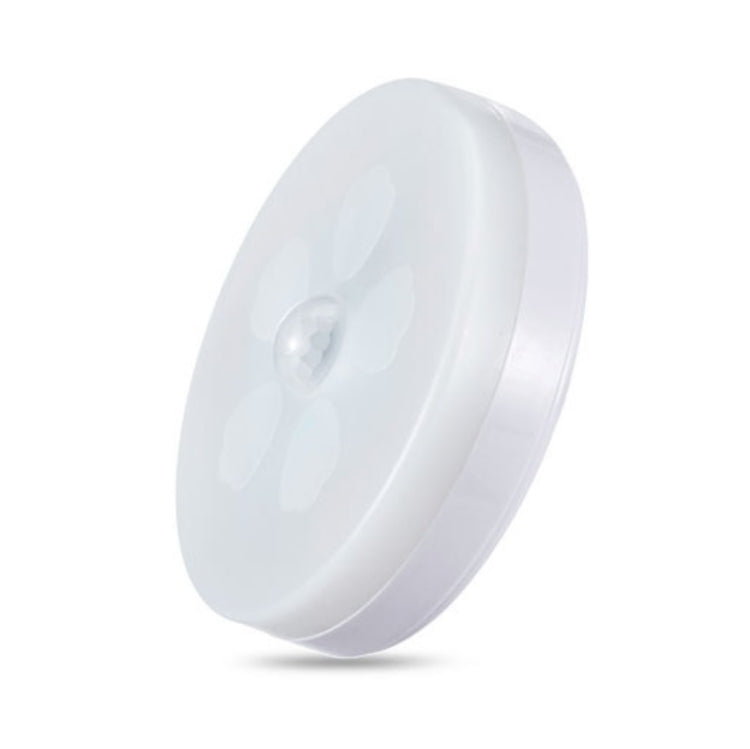 White round LED night light with visible sensor and side profile view