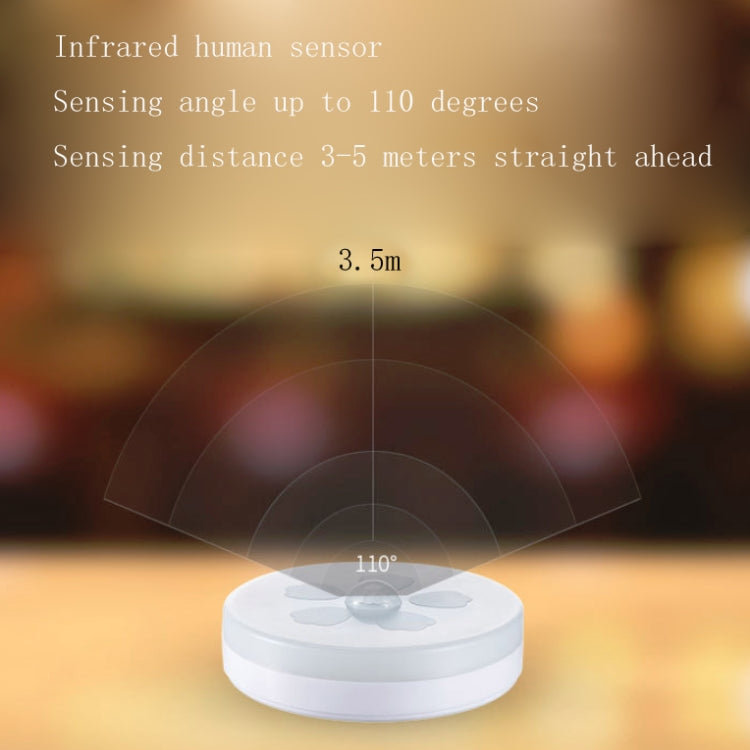 White round LED night light with built-in sensor, emitting soft white glow
