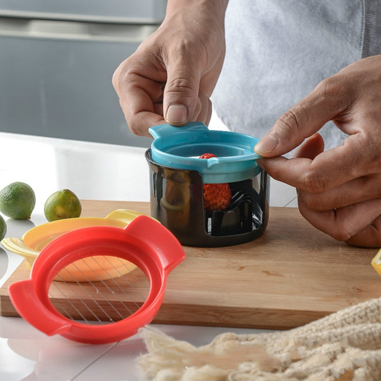 Egg slicer cup with teal lid and black container, with red accessory piece