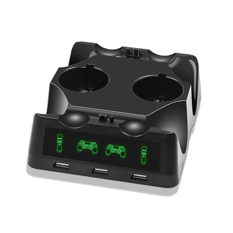 Black multifunction charging base with dual controller cradles and USB charging ports
