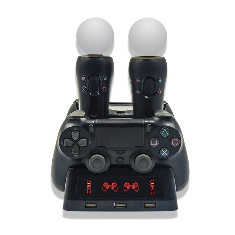 Black charging dock with two raised controller stands and accessory ports, front view