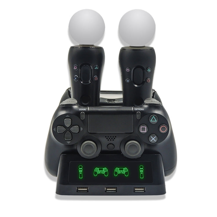 Black charging dock with two controller stands and green port icons, front view