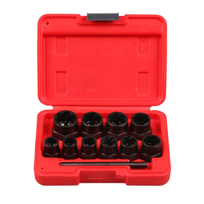11-piece nut extractor socket set in red plastic case with black sockets