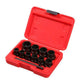 Nut extractor socket set in red case, showing black sockets arranged in foam