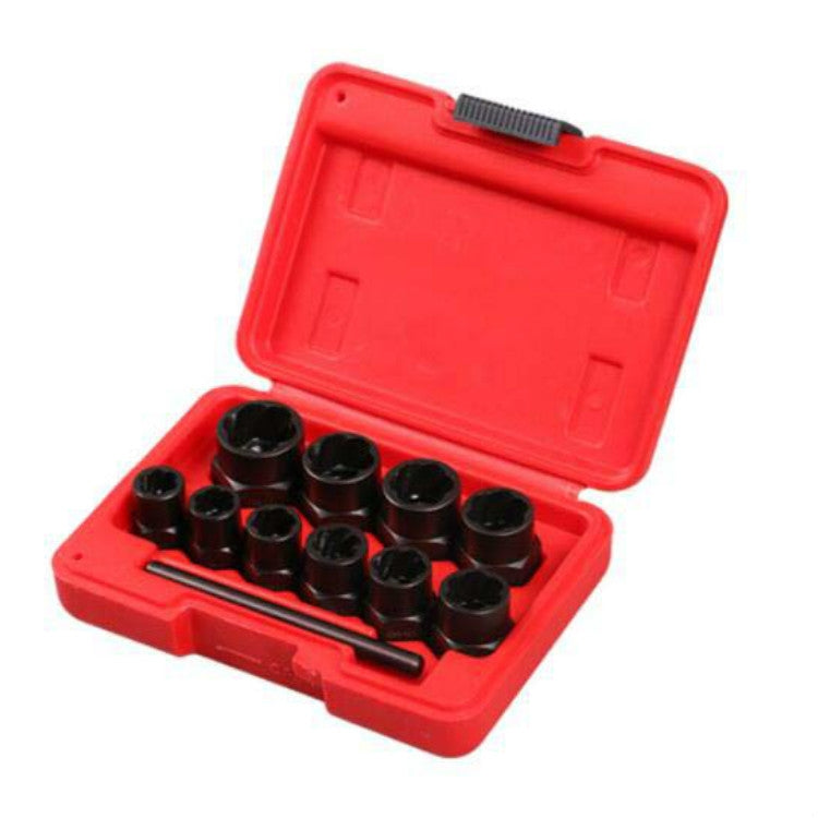 Nut extractor socket set in red case, showing black sockets arranged in foam