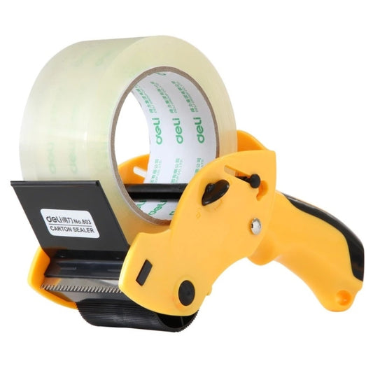 Carton sealing tape dispenser with clear tape roll, yellow handle and black cutting guide