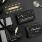 Set of black congratulation and thank-you cards with gold foil moon, stars, and geometry