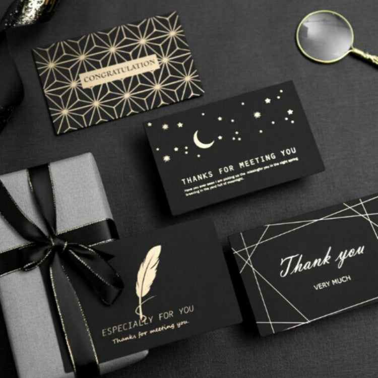 Set of black congratulation and thank-you cards with gold foil moon, stars, and geometry