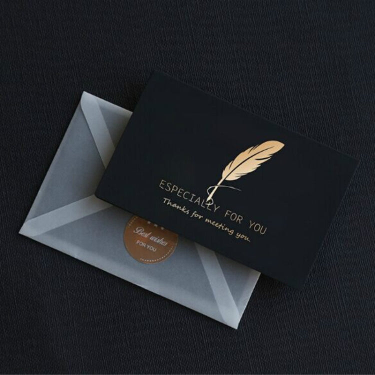 Black greeting card with gold feather graphic and “ESPECIALLY FOR YOU” text, with envelope