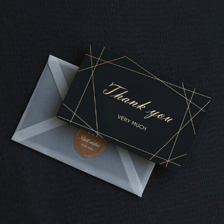Black thank-you greeting card with gold geometric frame and “VERY MUCH”, with envelope
