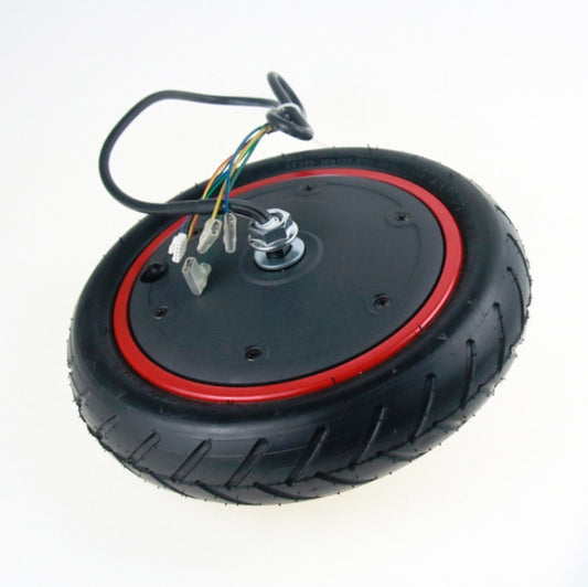 Wheel motor assembly with wiring and central mounting plate on black tire