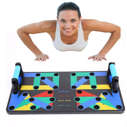 Push-up stand with multicolor base and blue handles; multiple grip pads on black frame