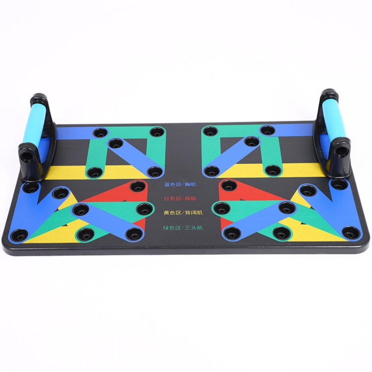 Push-up frame with multicolor patterned board and blue-capped support handles
