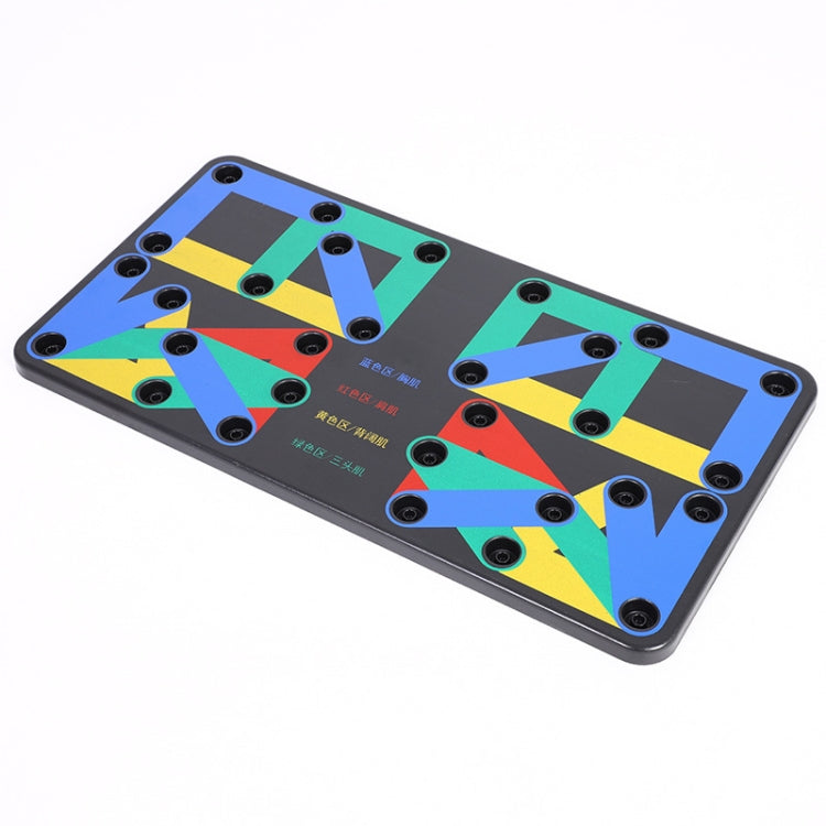 Inclined push-up stand view with multicolor grip shapes and multiple black base pads