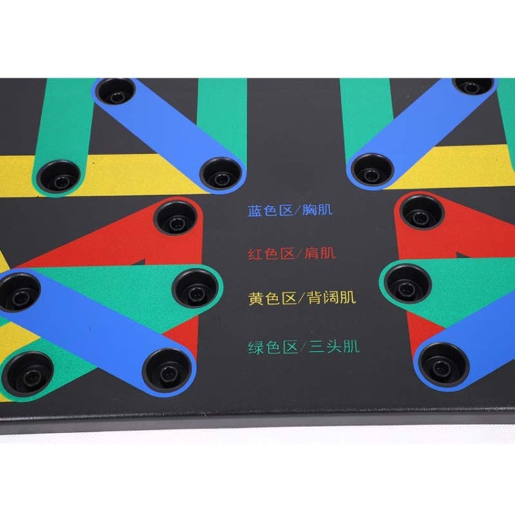 Close-up of multicolor push-up grip board with black circular pads and printed labels