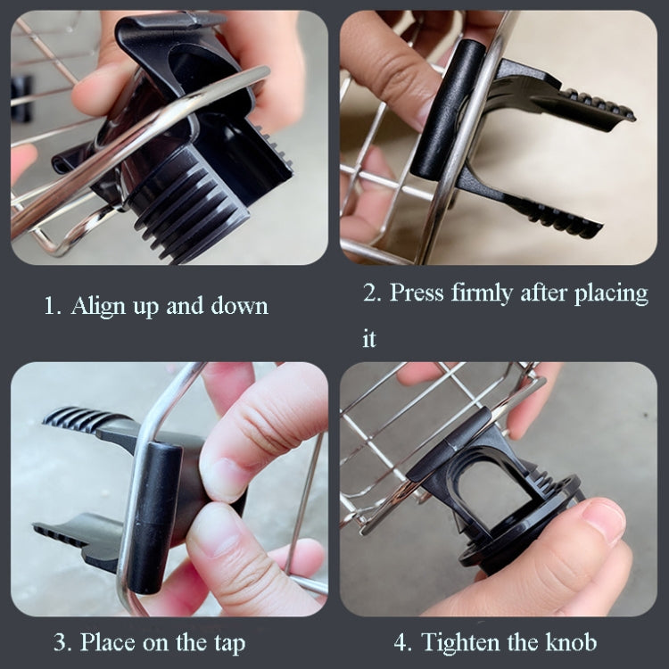Faucet rack installation steps showing clamp placement and tightening knob