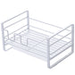 White metal dish drain rack with raised sides and three-bar soap/sponge holder