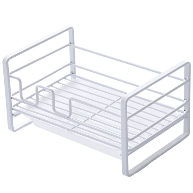 White metal dish drain rack with raised sides and three-bar soap/sponge holder