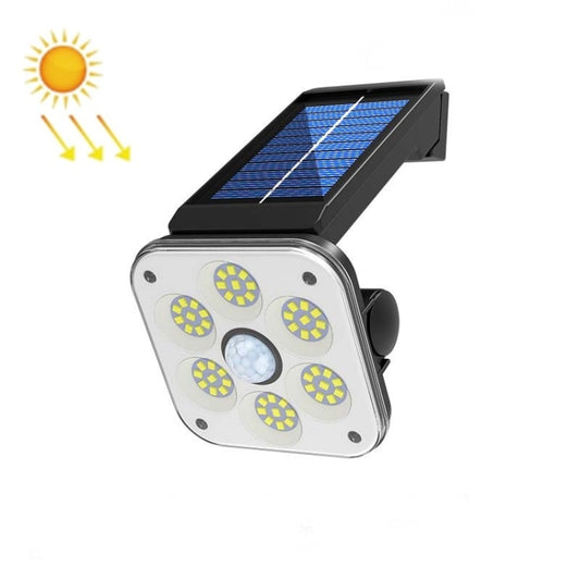 Solar wall light with solar panel, circular LED clusters, and built-in motion sensor