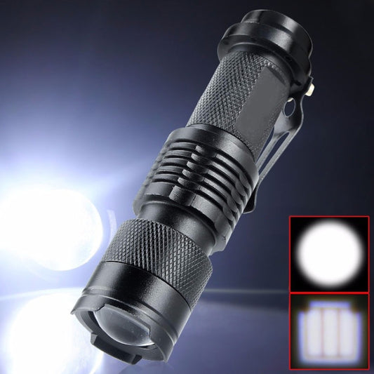 Black mini LED flashlight with textured grip and push switch, telescopic head