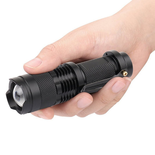Black mini LED flashlight held in hand, textured body with front lens