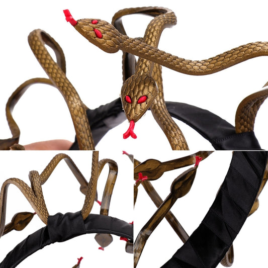 Close-up of brown snake headband with red eye details and black ribbon edging